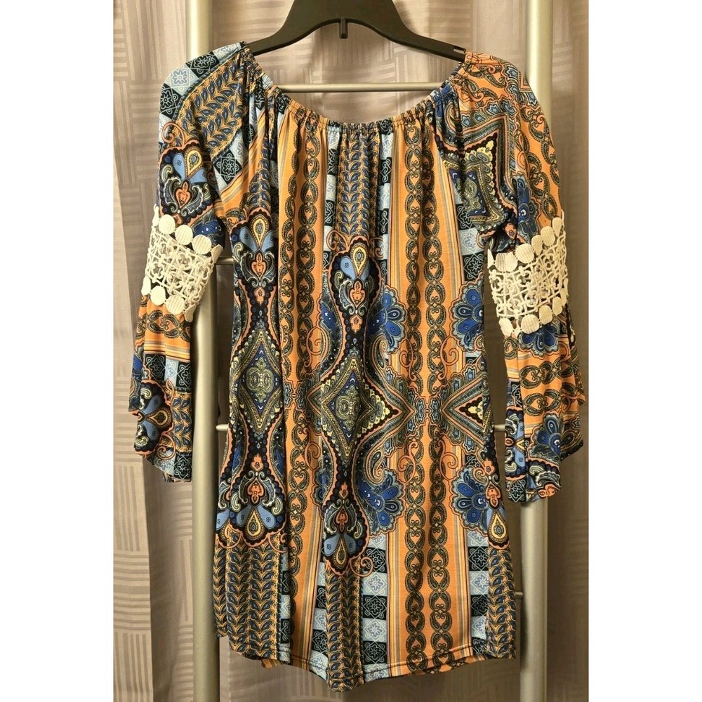 Win Win‎ Size S/M Tunic Womens Multicolored Blouse Pinwheel Sleeve Boho Romantic